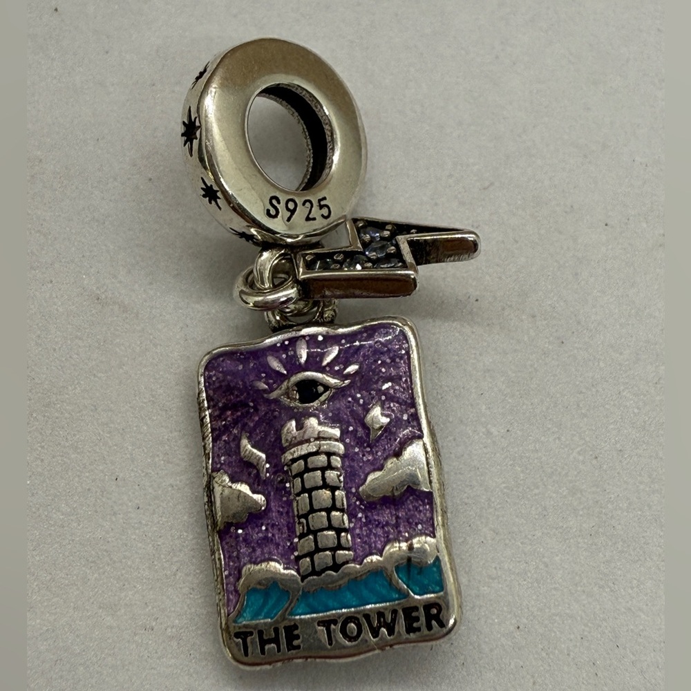 Tarot “The Tower” Dangle Charm – Sterling Silver with Enamel Details
